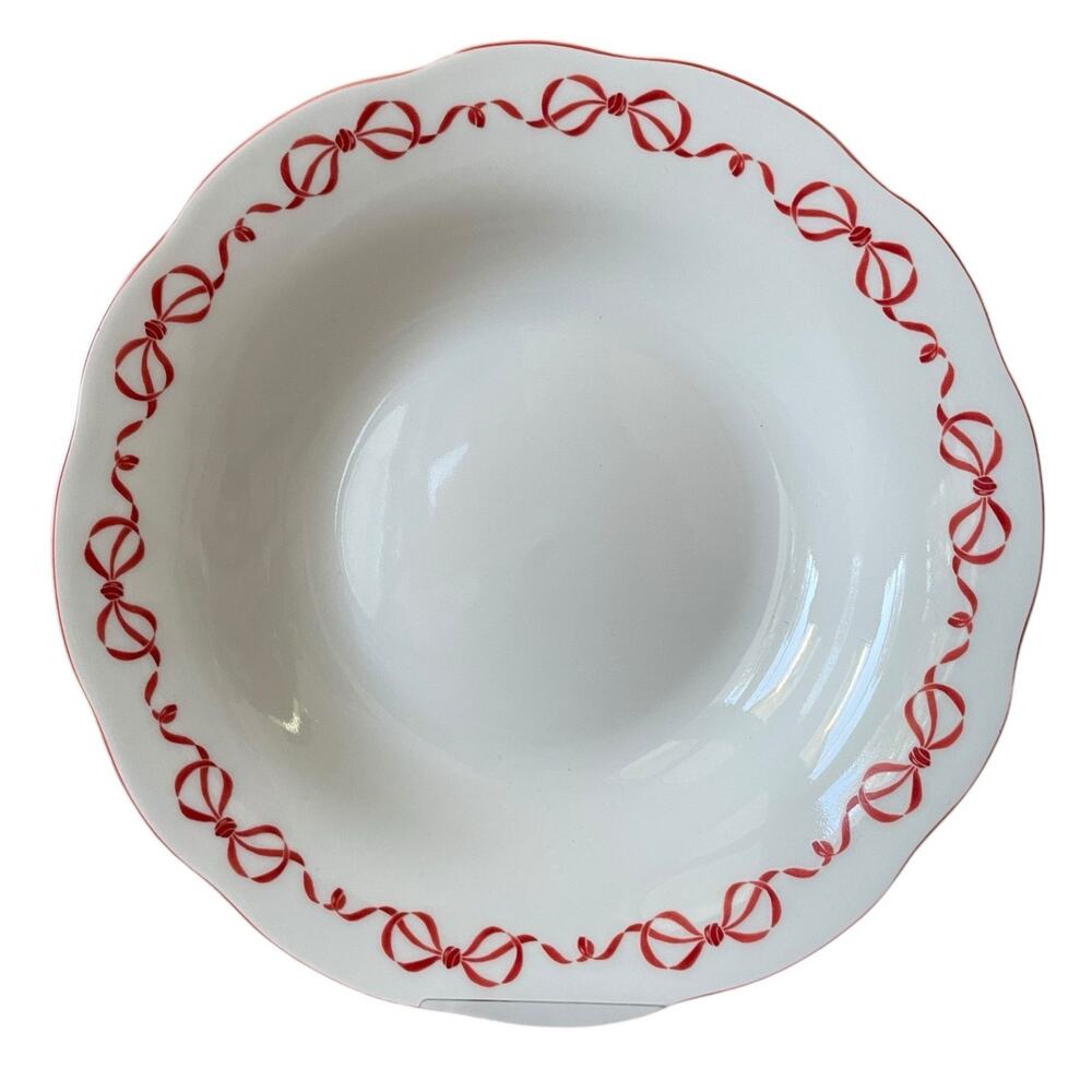 Red Bow Border Ceramic 9in Dinner Bowls Set of 4 Eaton Fine Dining Holiday New